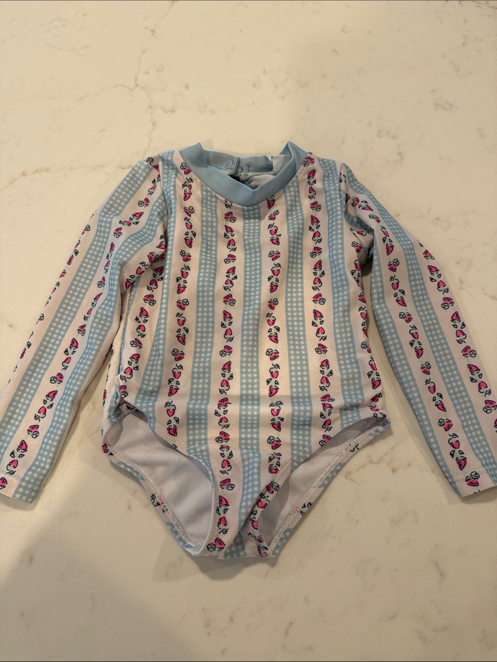 Kids Long-Sleeve One-Piece Swimsuit in Light Blue and White with Pink Hearts